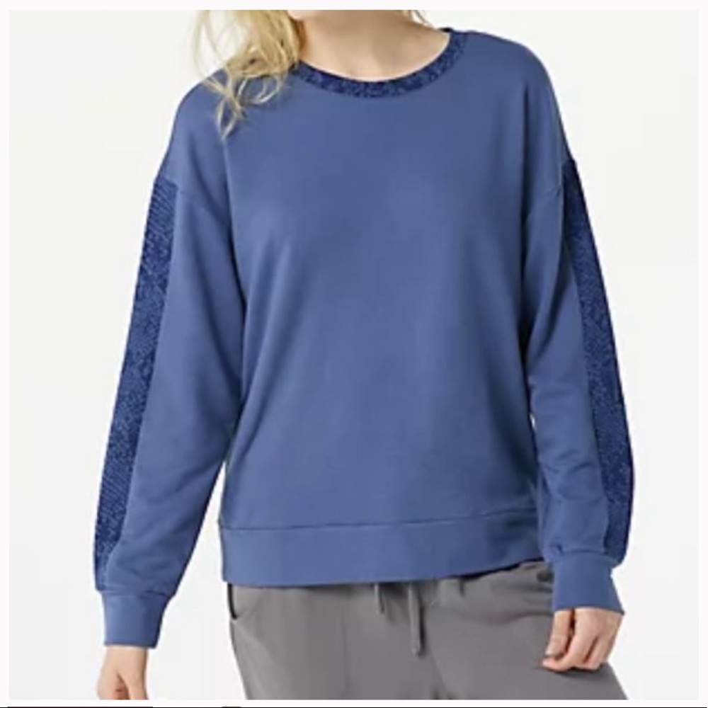 AnyBody Cozy Knit French Terry Animal Print Medium Indigo Sweatshirt Size XXS